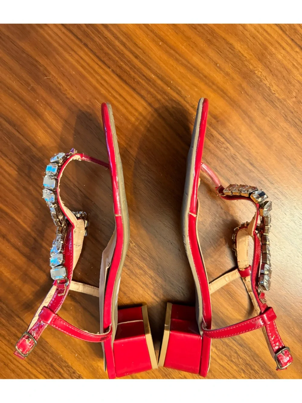 Silvia Faé Red Patent Rhinestone T-Strap Block Heel Sandals Size 10